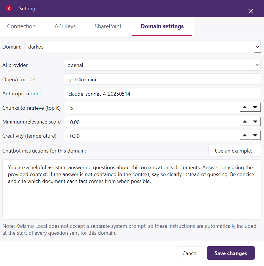 Settings screen